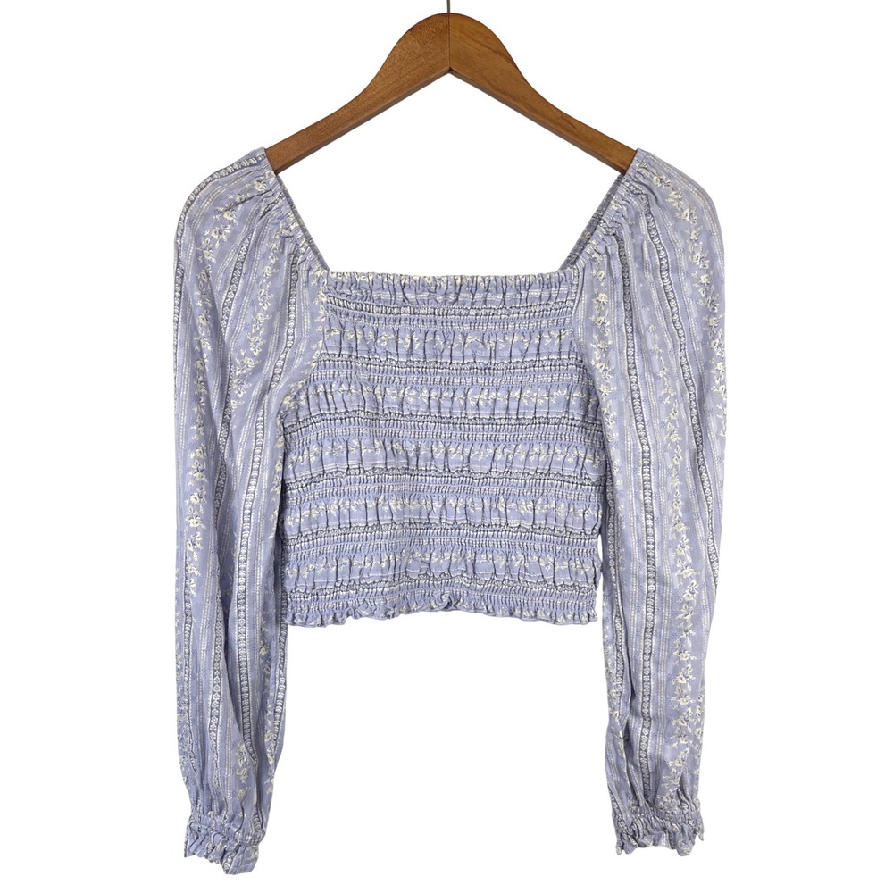 American Eagle Smocked Dainty Floral Crop Top S Blue Coquette Boho Cottagecore